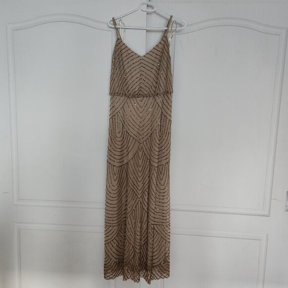 Adrianna Papell Beaded Mesh (Champagne Gold) Floor Length Gown, Size 12 - Picture 1 of 7